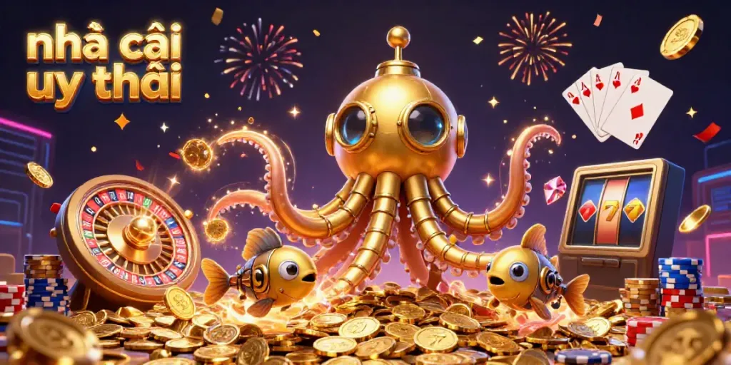 Engaging scene showcasing nhà cái uy tín with a golden kraken submarine, dynamic casino elements, and vibrant confetti bursts.