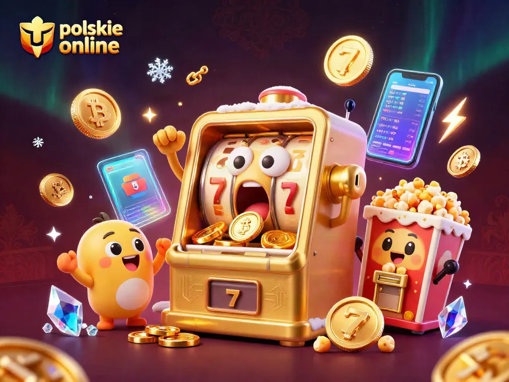 Experience the excitement of polskie kasyna online with a jubilant golden slot machine celebrating a jackpot while coins fly everywhere.