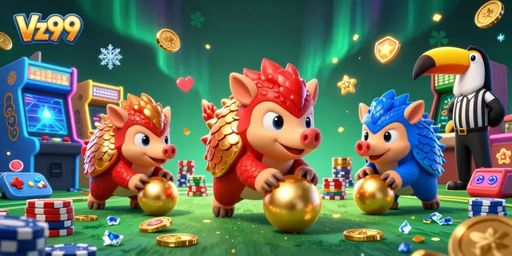 Experience the excitement of Vz99 with pangolins bowling through poker chips in a colorful casino scene.