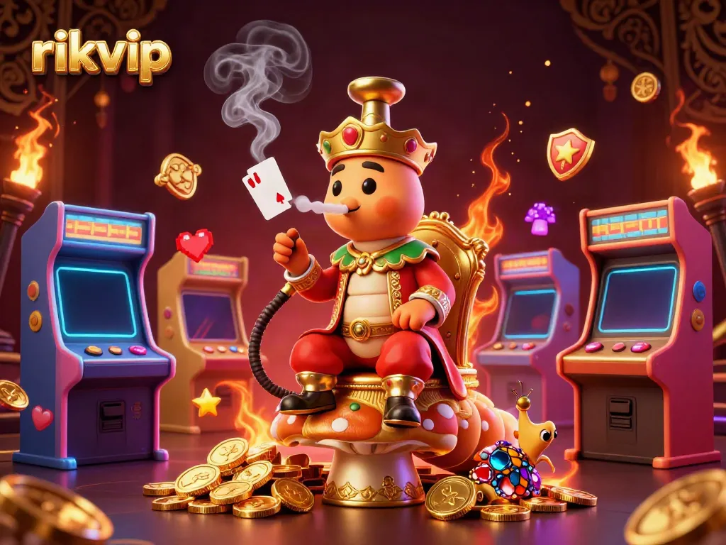 Experience vibrant gaming action at rikvip with a whimsical caterpillar sultan and glowing arcade elements.