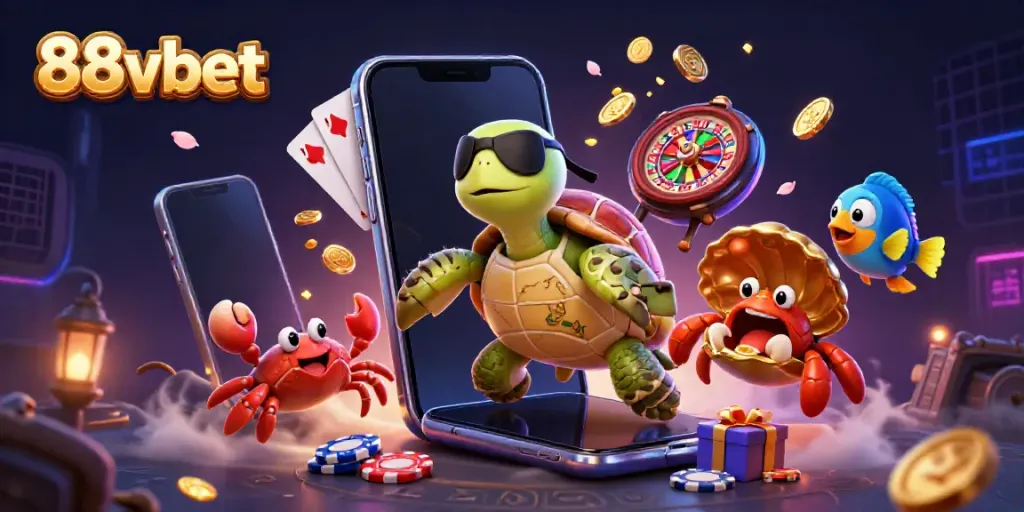 Engage with thrilling 88vbet gaming moments featuring a pirate turtle, crab, and parrotfish amid dynamic casino elements.