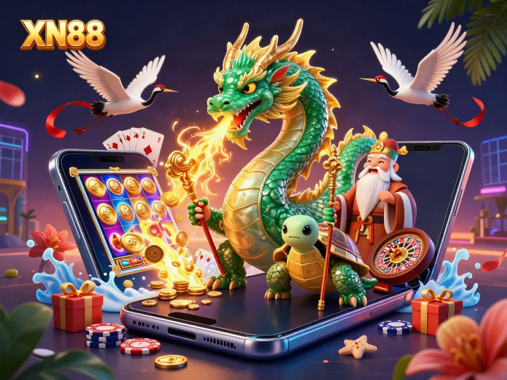 Xn88 claims excitement with a jade dragon and vibrant slot game visuals.