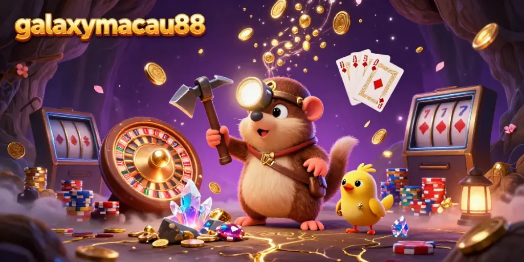 Engaging scene showcasing the galaxymacau88 treasure hunter mole amidst dynamic casino game elements and sparkling treasures.