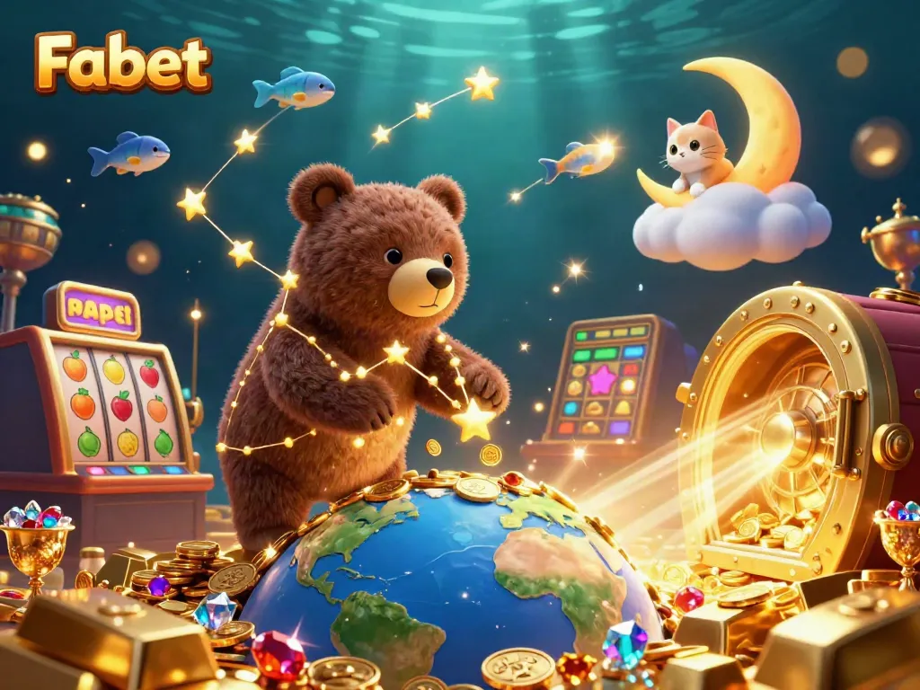 Experience the thrill of Fabet with a vibrant 3D casino digital scene featuring whimsical characters and gold-filled treasures.