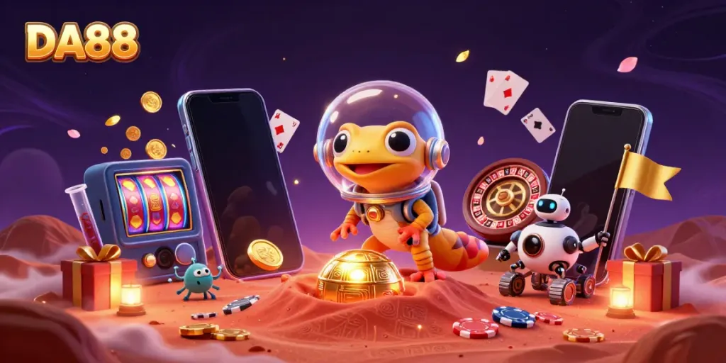 DA88 Martian gecko uncovers a brilliant casino on Mars, surrounded by vibrant gambling elements and golden treasures.