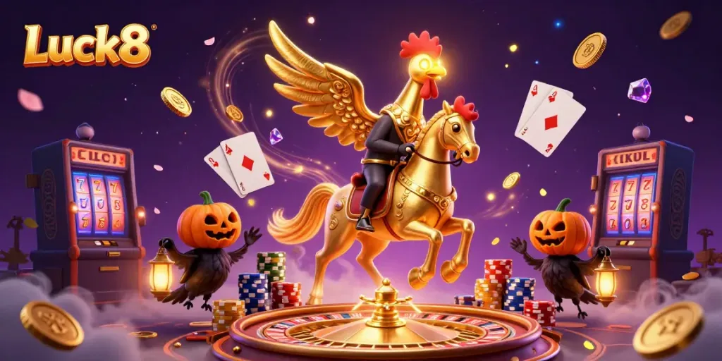 Luck8 showcases a vibrant casino scene with a golden rooster and its spectral horse, amidst dynamic gaming elements.