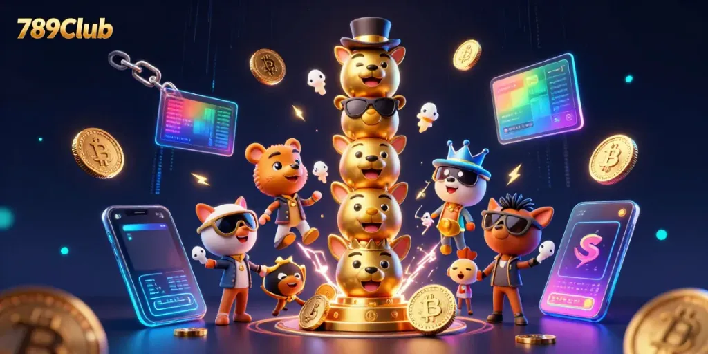 Experience the excitement of 789Club with a vibrant 3D casino scene featuring unique casino elements and characters.