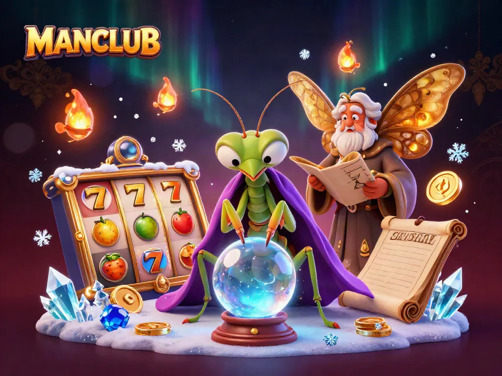 Engage with MANCLUB's vibrant casino scene featuring mystical fortune teller and lively slot elements.