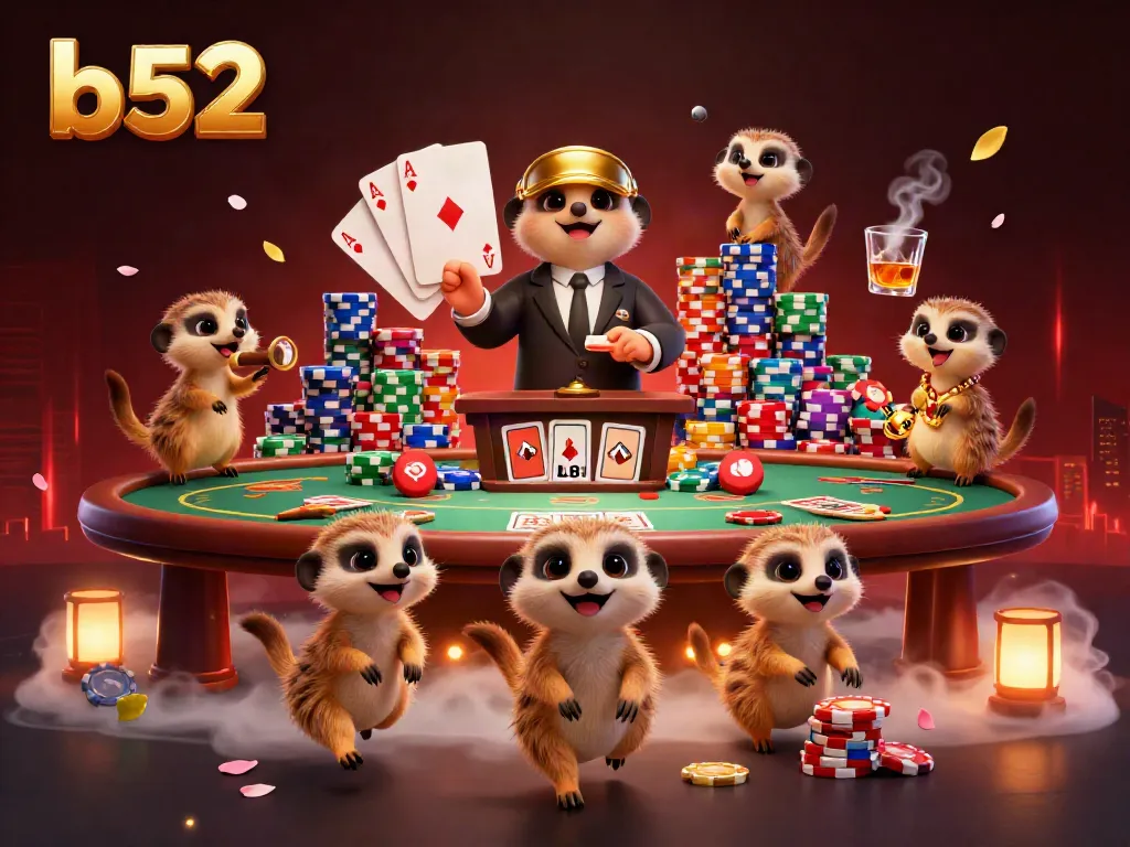In a vibrant casino scene, meerkats assist in a b52 gaming operation featuring poker tables and colorful chips.