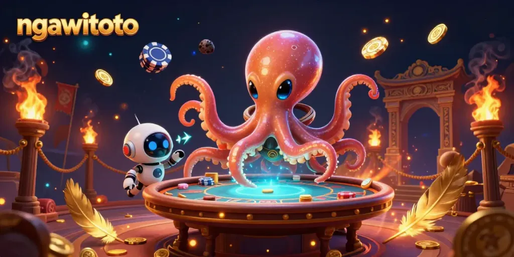 ngawitoto di meja poker holografik bersama karakter alien, dikelilingi simbol kasino.