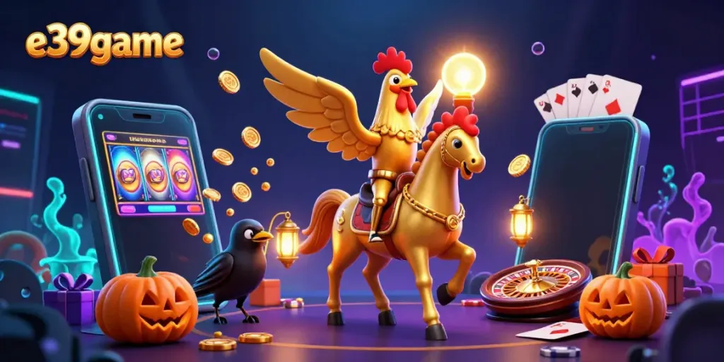 Experience the thrill of gaming with e39game as a golden rooster rides through a vibrant casino scene.