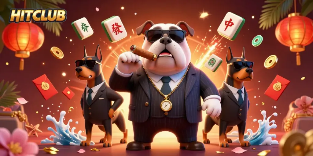 Engage with HITCLUB's dynamic casino experience featuring a mafia bulldog and bodyguards surrounded by vibrant gaming elements.