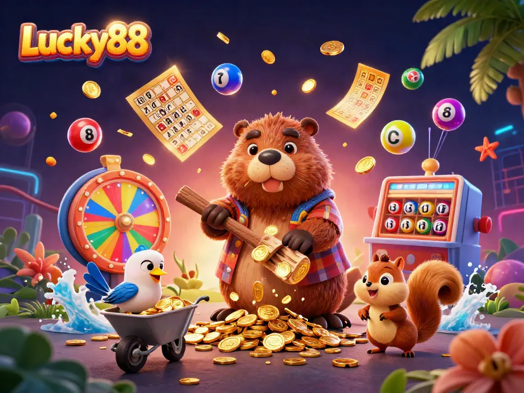 Engaging Lucky88 scene with beaver and friends collecting golden coins amidst a dynamic lottery backdrop.