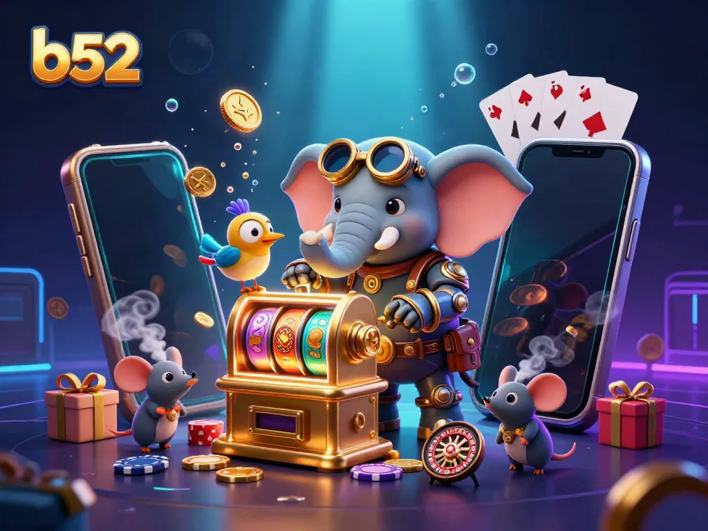 Spin to win at b52 with a vibrant steampunk elephant engineer at a golden slot machine!