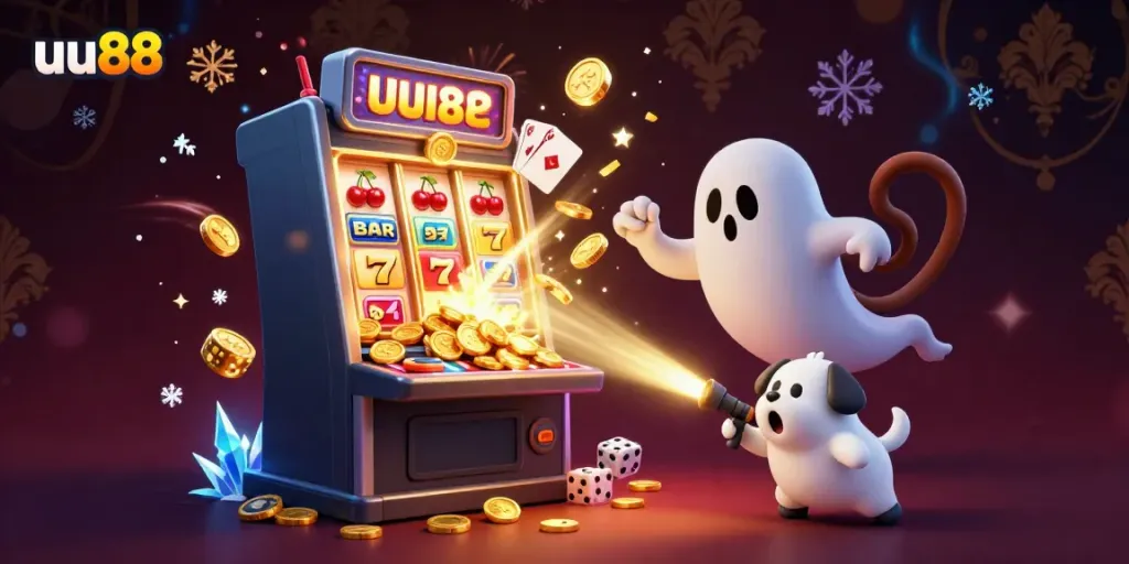 Experience the thrill of uu88 with vibrant casino elements and golden jackpots in a dynamic illustration.