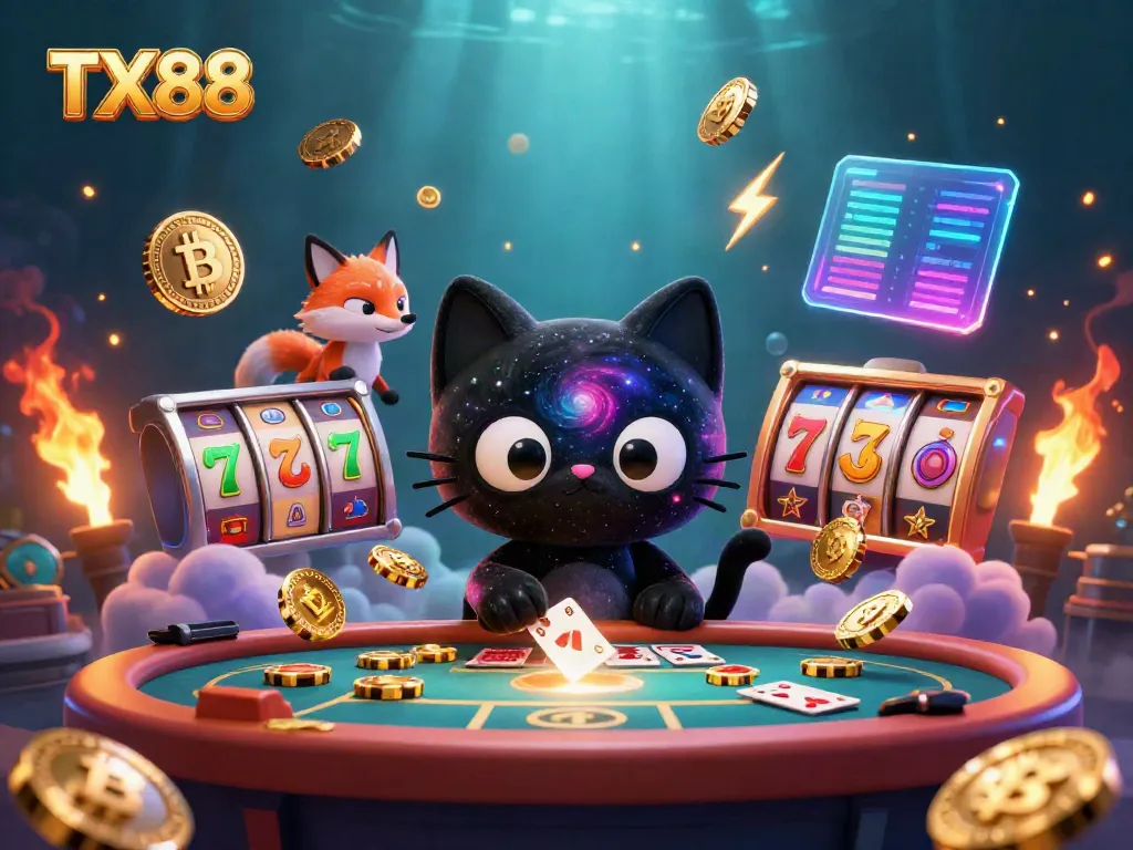 Engage with TX88, the vibrant cosmic casino featuring slot reels, lucky 7s, and a black hole cat.