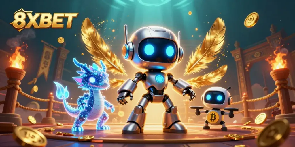 Experience thrilling gameplay with 8XBET in this dynamic 3D casino scene featuring cyberpunk characters.