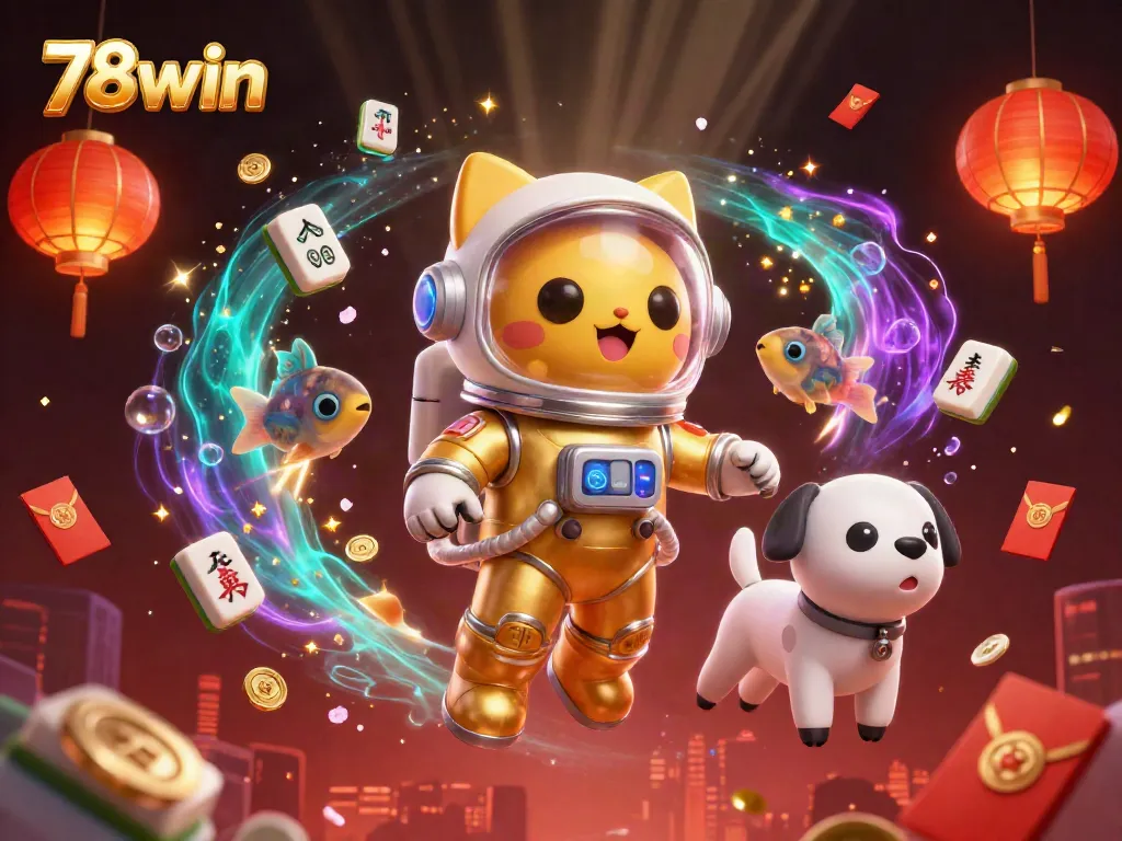 Experience thrilling gaming with 78win's vibrant 3D casino adventure featuring lucky symbols and characters.