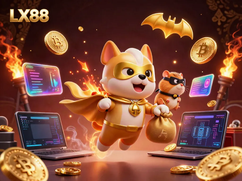 Enjoy thrilling gameplay at LX88 with our cartoon superhero dog and hamster duo carrying gold coins!