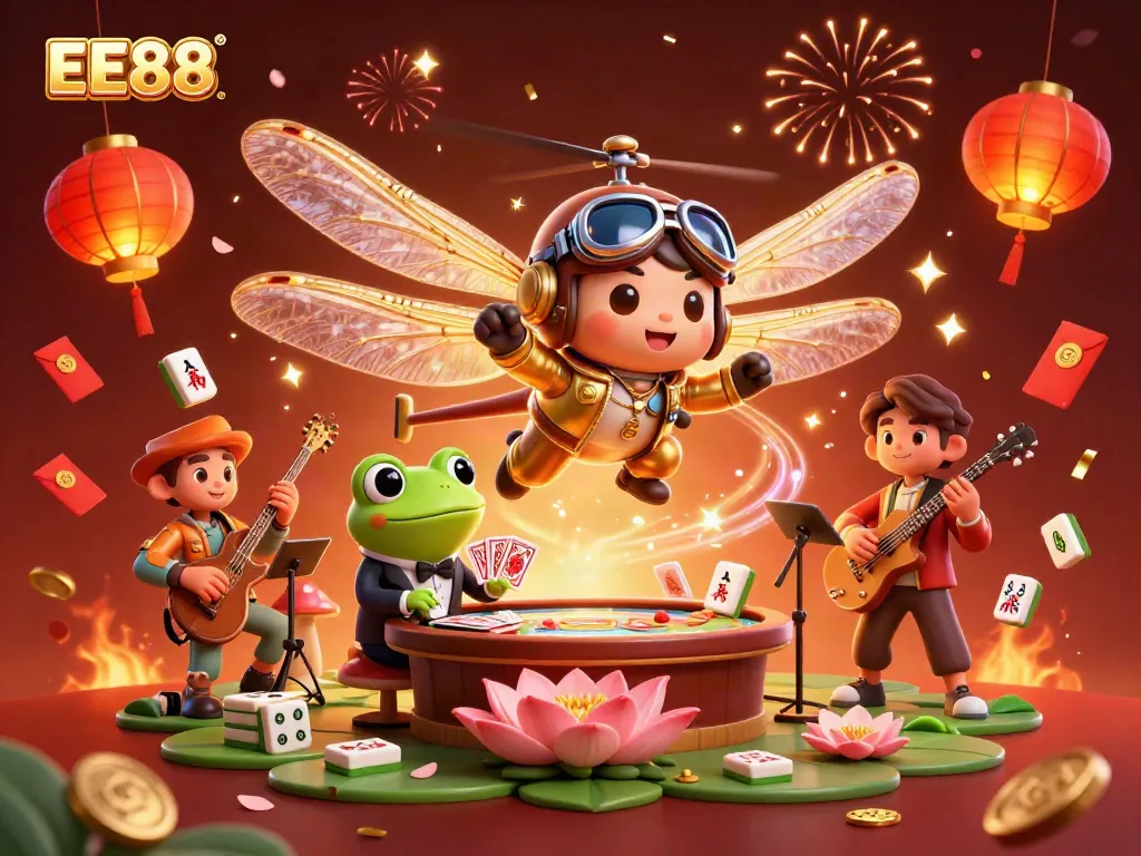 Experience the thrill of EE88 with vibrant casino action, featuring a dragonfly pilot and lively scene.