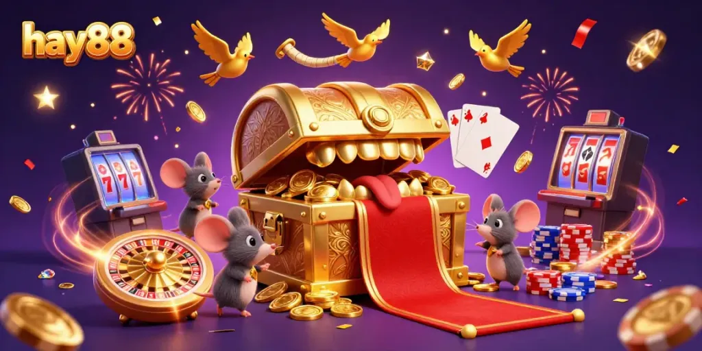 Experience the excitement of hay88 as treasure chest mimes attract adventurer mice in a dazzling casino scene.