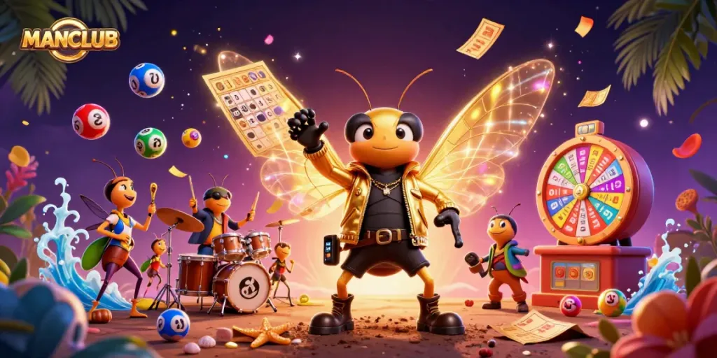 Experience the thrill at MANCLUB with a vibrant casino scene of a cicada rock star surrounded by colorful lottery elements.