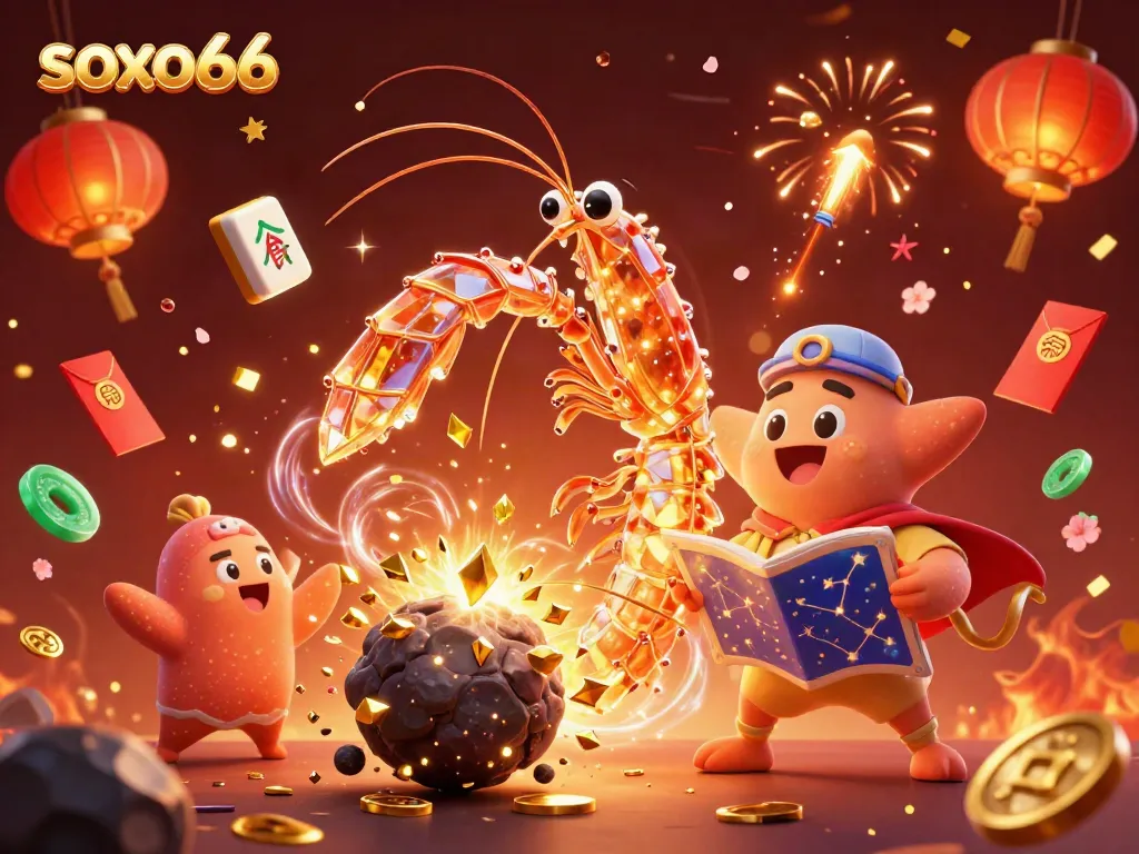 Experience soxo66 excitement with a vibrant illustration featuring a galactic samurai mantis shrimp and starfish at a dynamic casino scene.