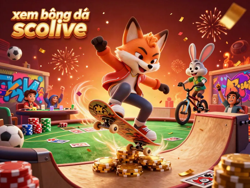 Xem bóng đá socolive where a cartoon fox performs a kickflip over golden poker chips in a lively sports betting scene.