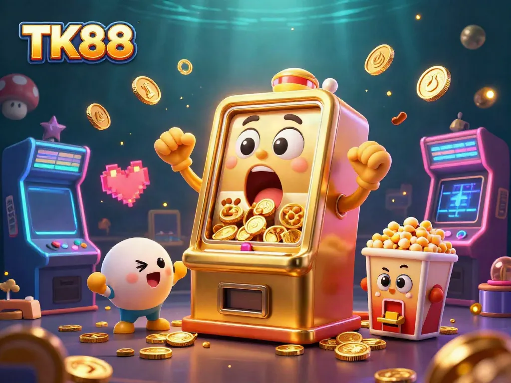 Experience the excitement of winning at TK88 with an animated golden slot machine celebrating a jackpot.