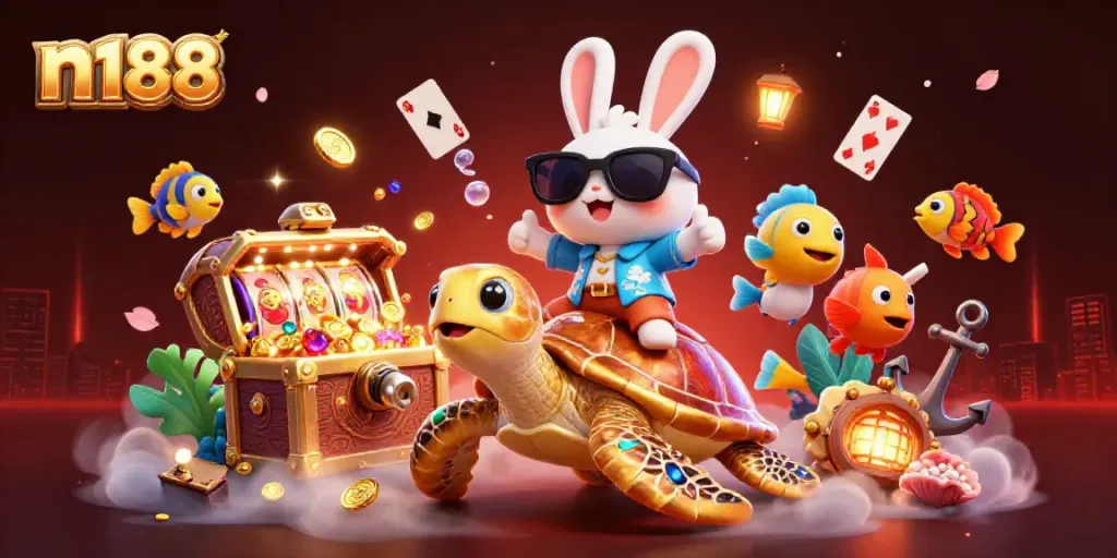 Experience thrilling jackpots at n188 with a cartoon rabbit and turtle in an underwater casino setting.