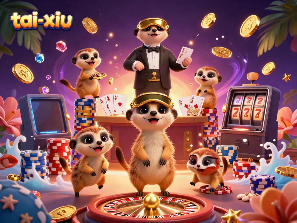 Engage in thrilling tai-xiu online with 3D meerkats depicting a vibrant casino scene, vibrant colors, and dynamic elements.