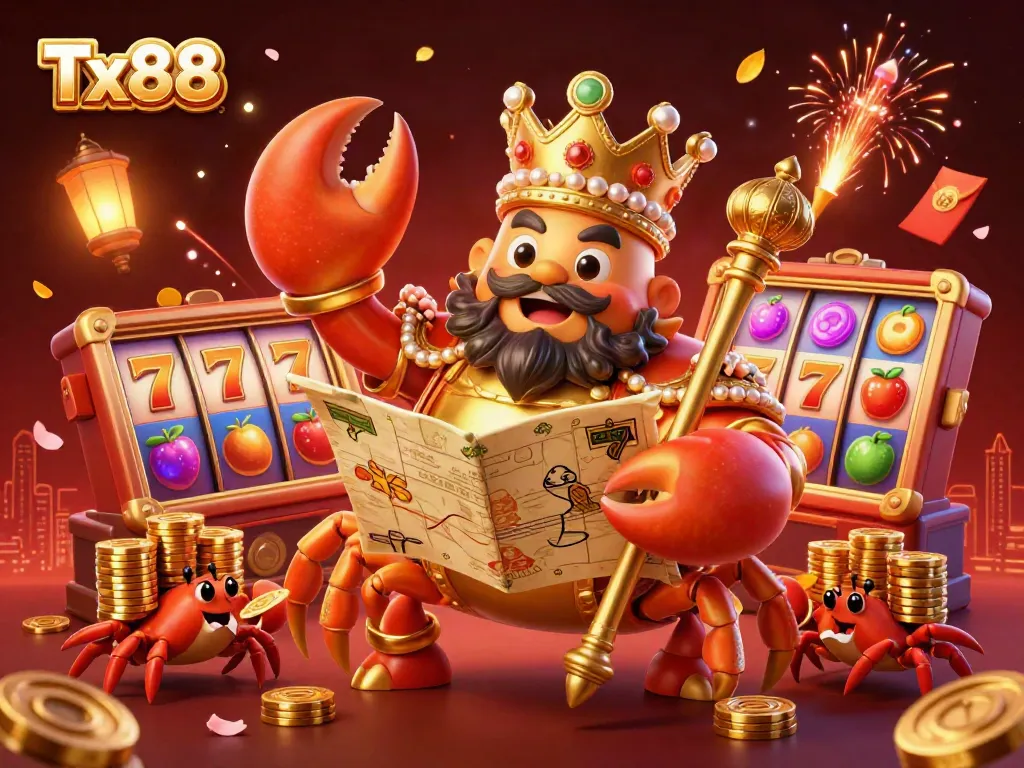 Engage with Tx88 through a vibrant scene featuring a massive golden crab emperor and dynamic slot game elements, radiating excitement.