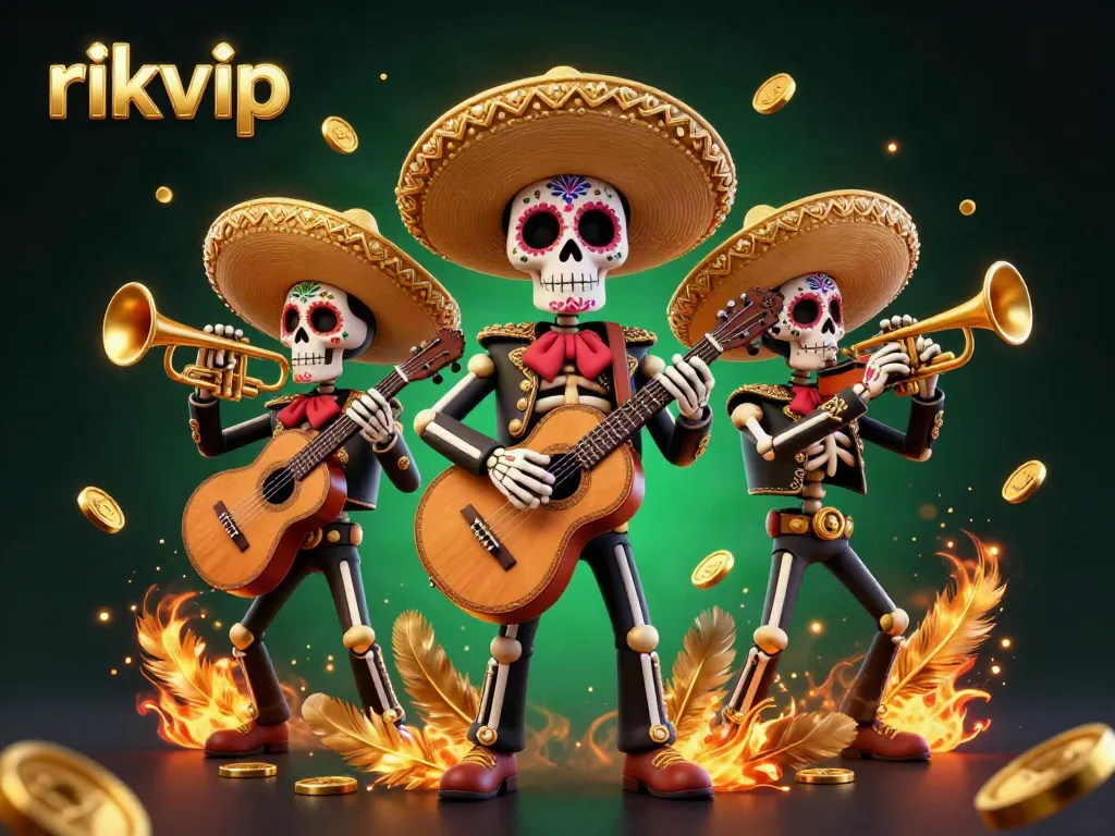 Experience the excitement of rikvip in a vibrant 3D illustration featuring mariachi skeletons amidst swirling casino elements.