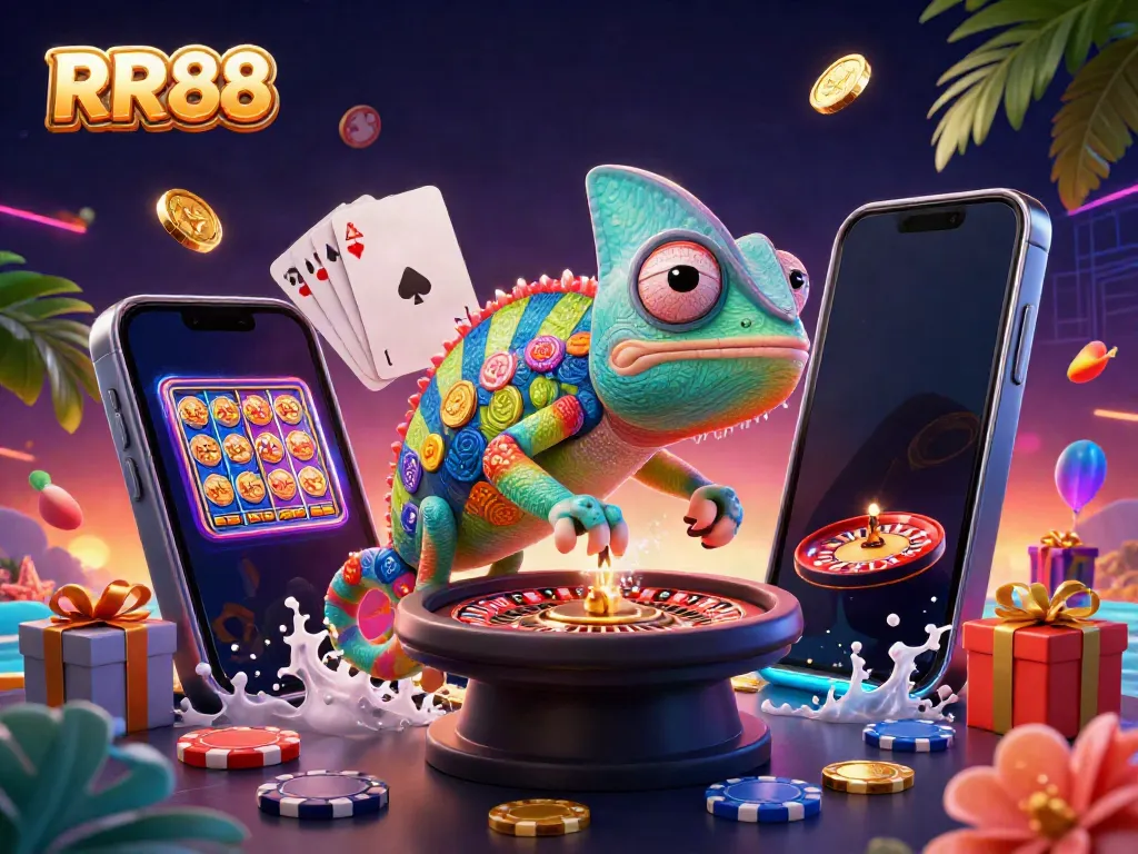 Experience the vibrant casino world of RR88 with a colorful chameleon owner and dynamic game elements.