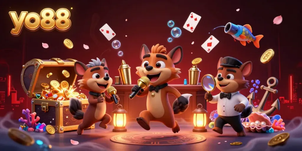 Experience the lively yo88 comedy casino scene with hyenas performing, mixing drinks, and checking IDs.