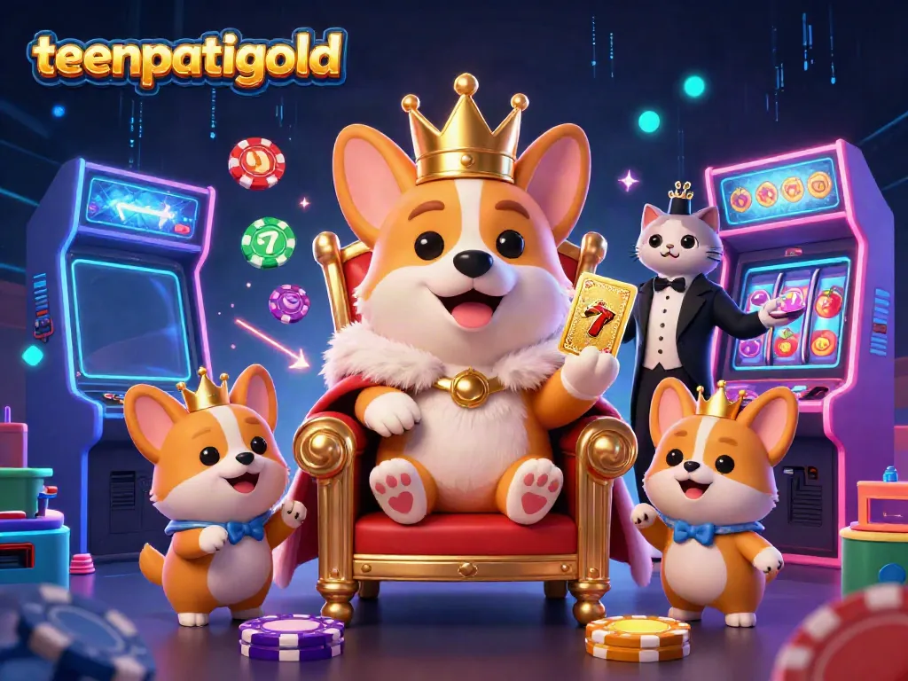 Engage with teenpatiigold's thrilling world through a vibrant 3D illustration showcasing a royal corgi and game elements.