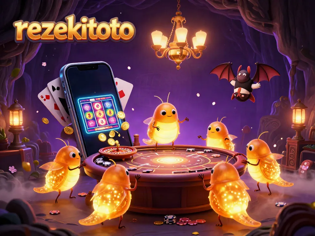Play thrilling games at rezekitoto with vibrant glowworms illuminating a casino filled with slot machines and poker tables.