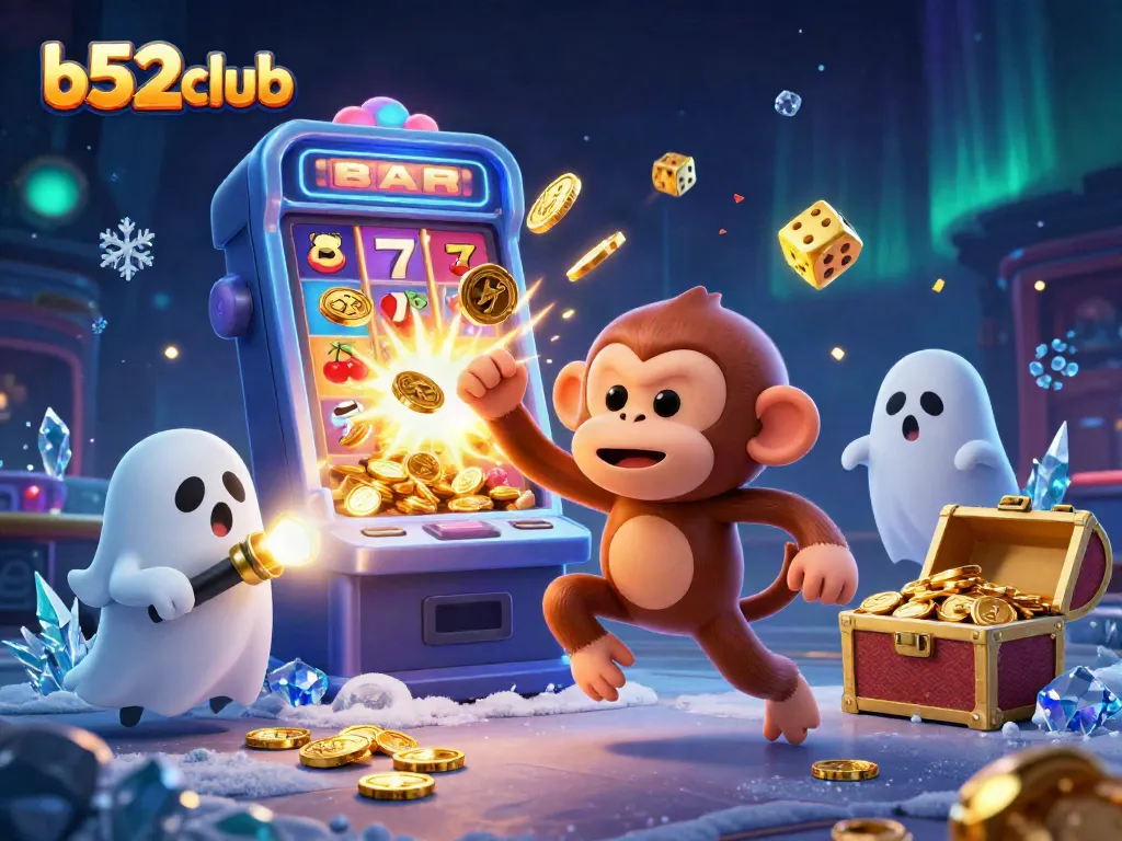 Play thrilling games at b52club with a mischievous monkey and ghost-hunter puppy in an exciting casino scene.