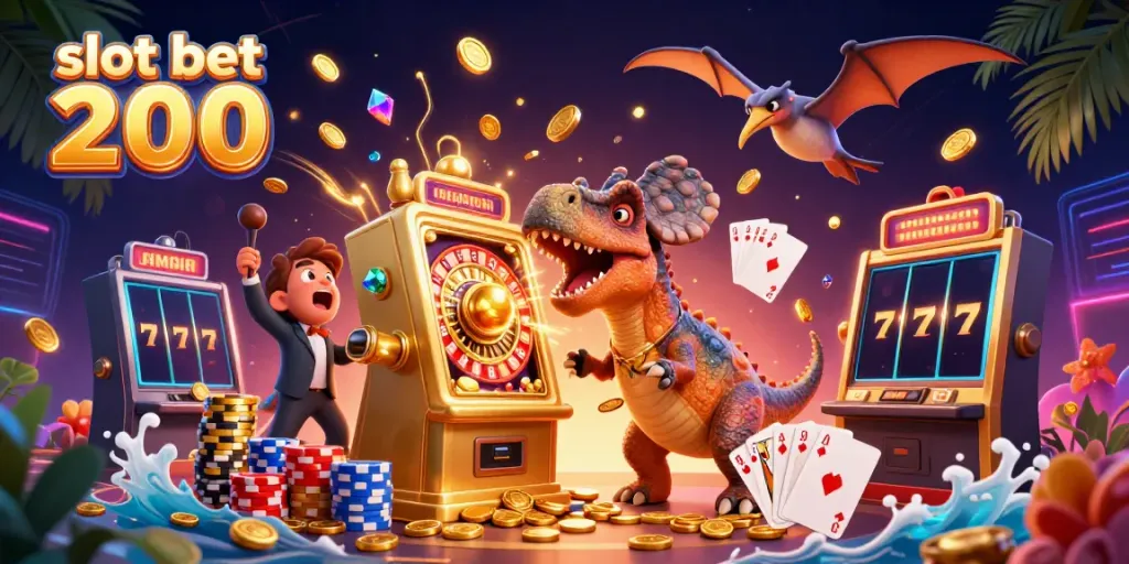 Slot bet 200 menunjukkan interaksi antara karakter dinosaurus dan mesin slot dengan koin berkilau yang terbang.