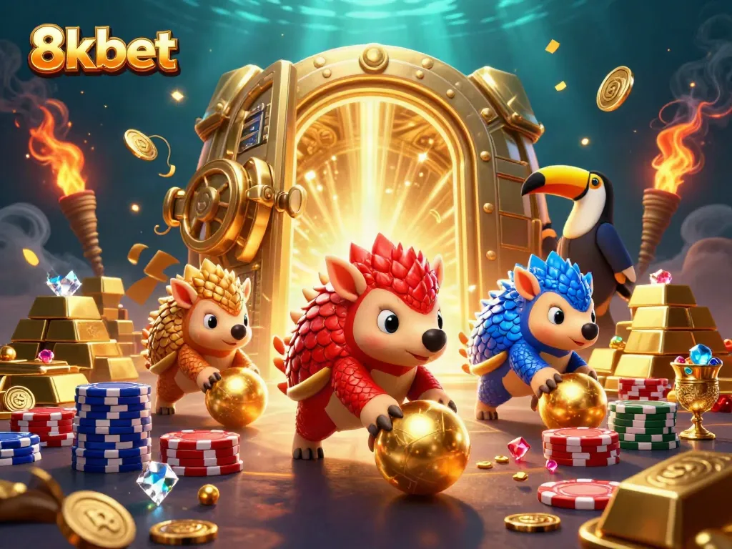 Engage with the thrilling world of 8kbet as rival pangolins compete amidst vibrant casino treasures.