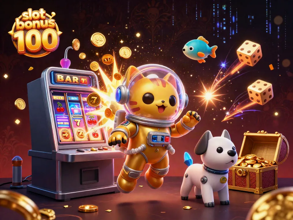 Engage players with this vibrant illustration showcasing the slot bonus 100 concept through dynamic characters and casino elements.