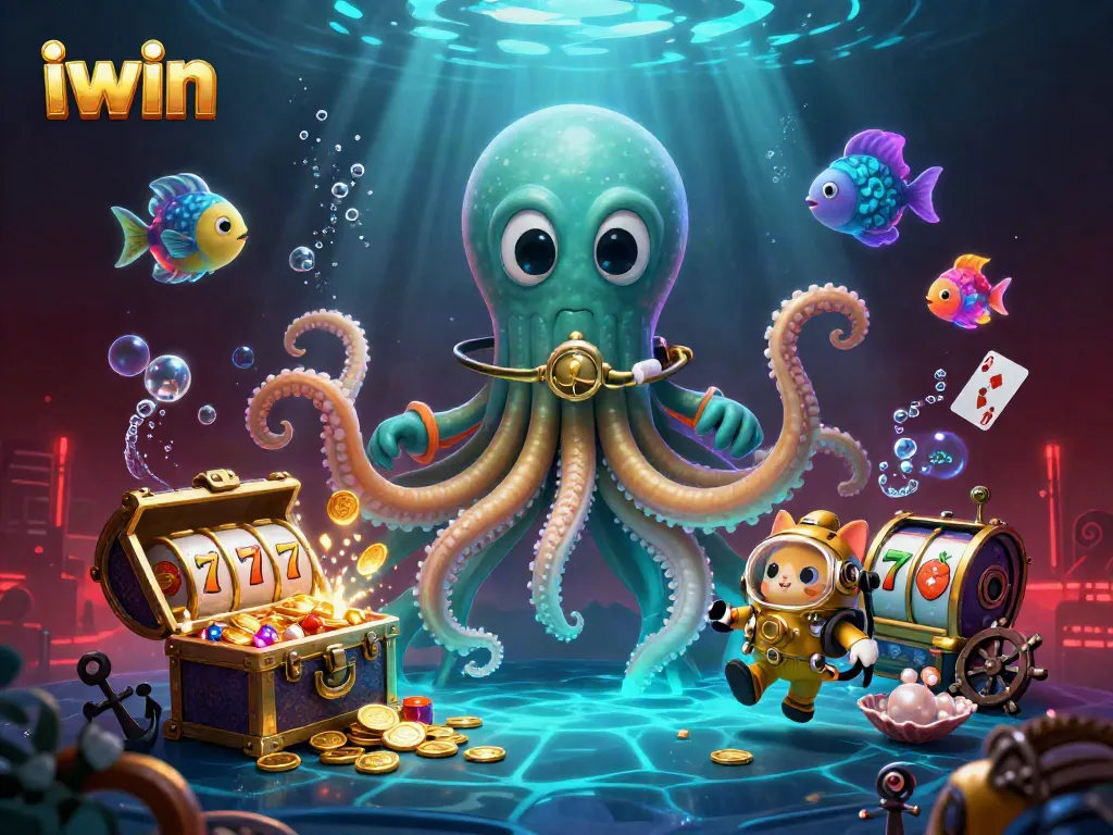 iwin captures thrilling casino action with kraken and diving cat amidst vibrant slot reels.