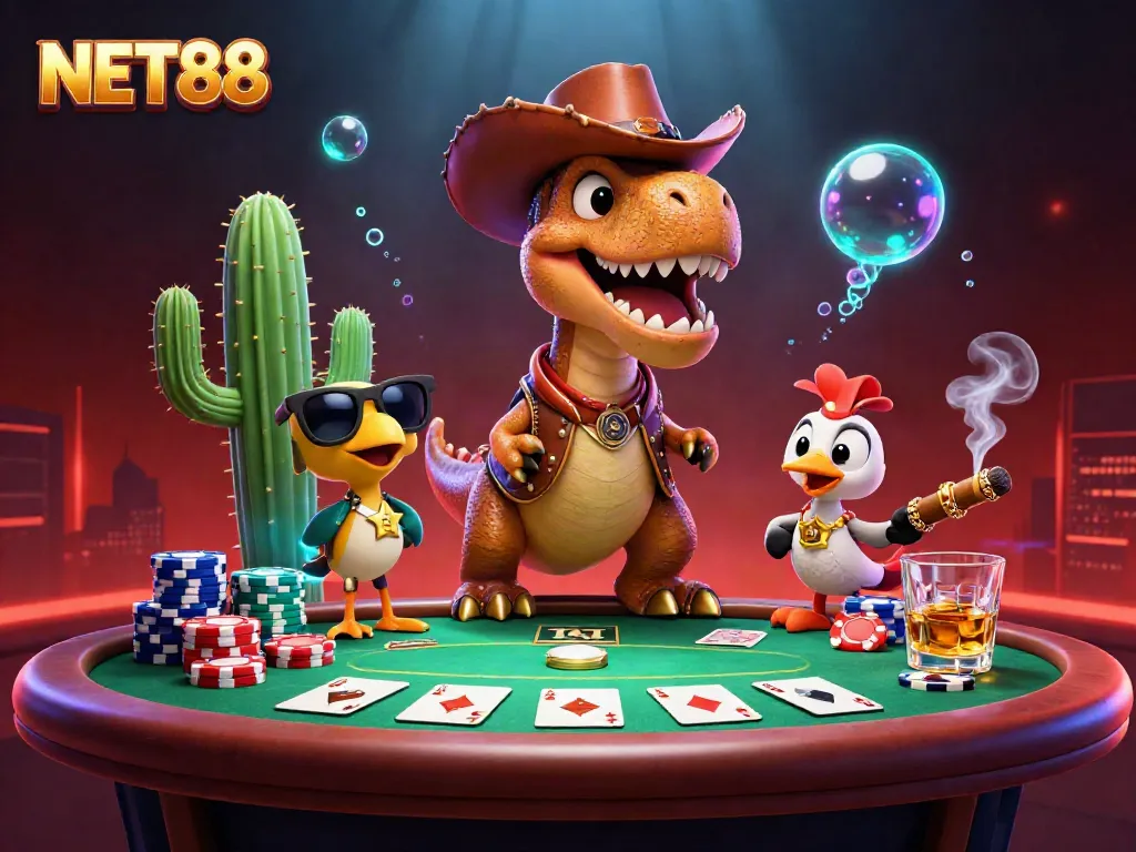 Engage in gaming excitement with NET88 at a dynamic poker scene featuring vibrant 3D characters.