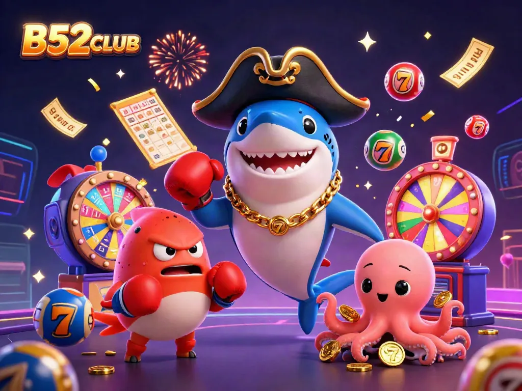 Experience the excitement of B52CLUB with a vibrant 3D illustration featuring a playful pirate shark, pufferfish, and octopus amidst dynamic casino elements.