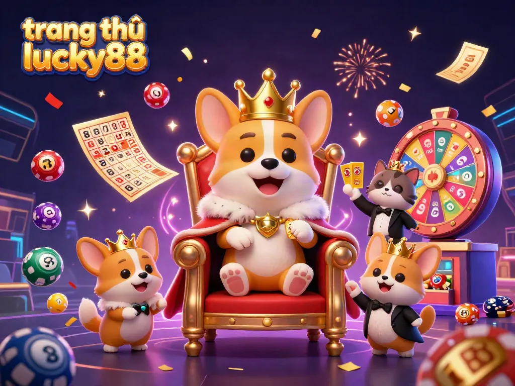 Engage in gameplay at trang chủ lucky88 with a royal corgi on a throne of poker chips amidst gaming elements.