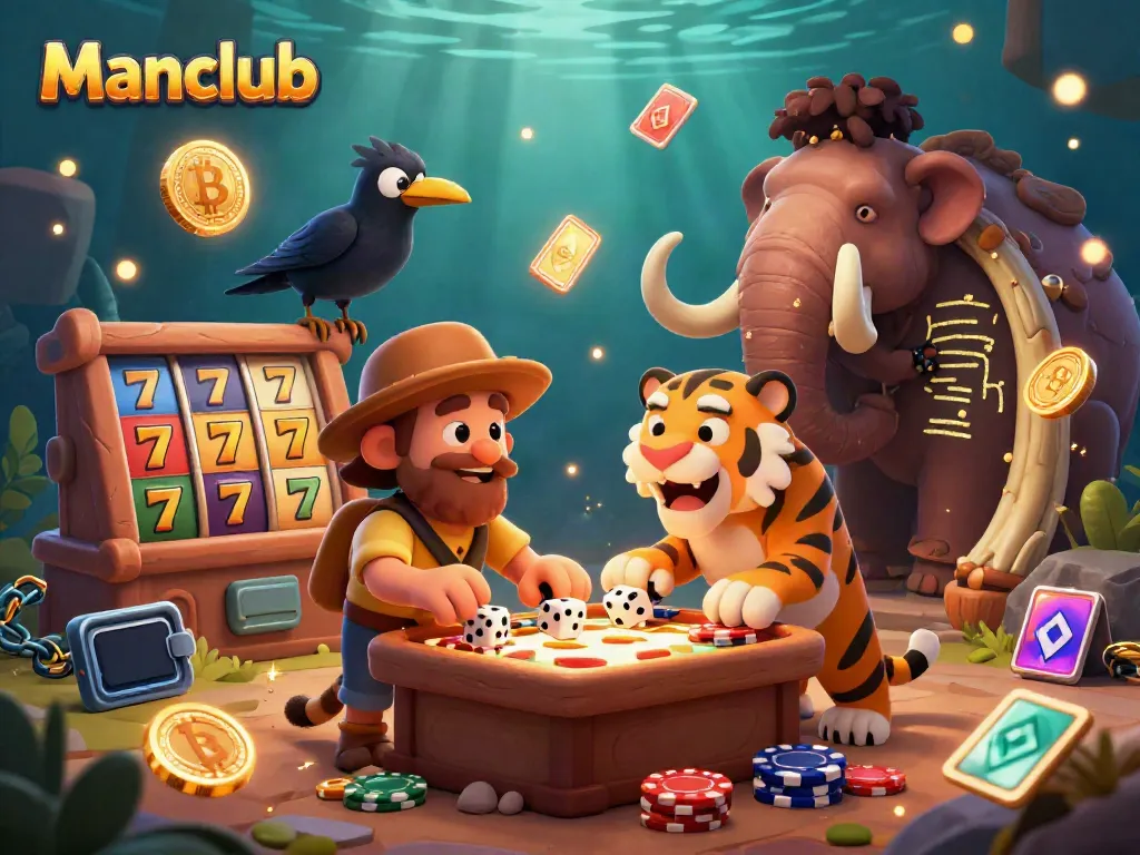 Manclub casino features exciting slot reels and lively 3D characters in a vibrant gambling scene.