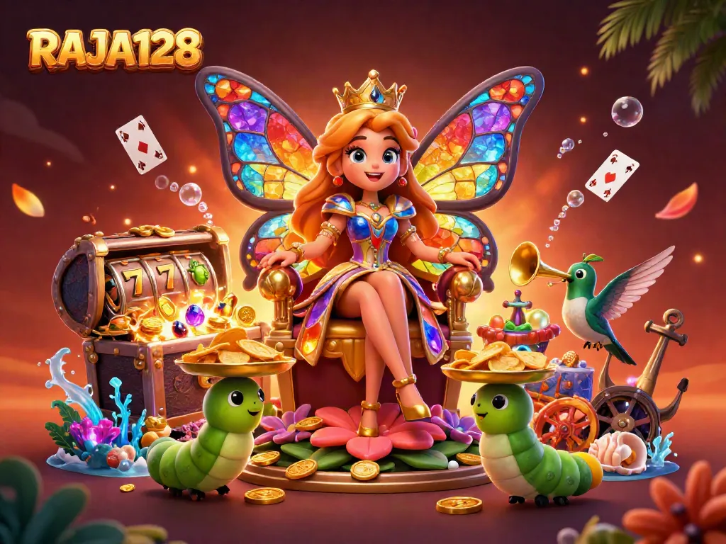 Experience RAJA128's vibrant slot scene featuring a butterfly queen amidst dazzling treasures.