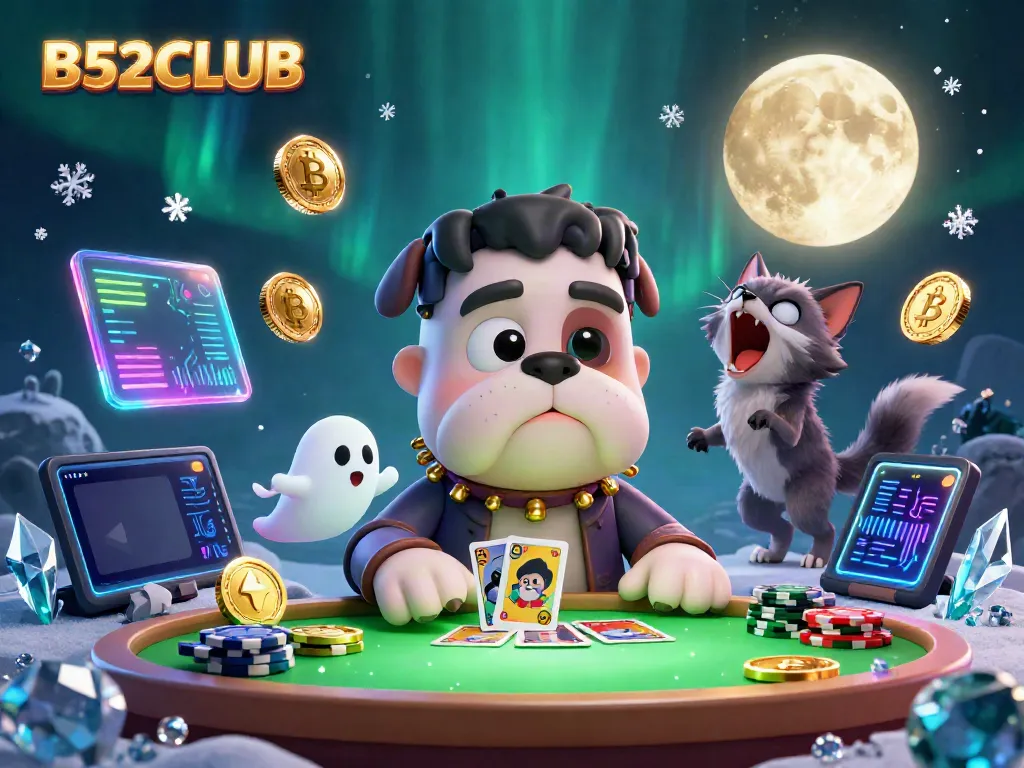 Engage with B52CLUB at a spooky casino table led by a Frankenstein bulldog dealing cards.