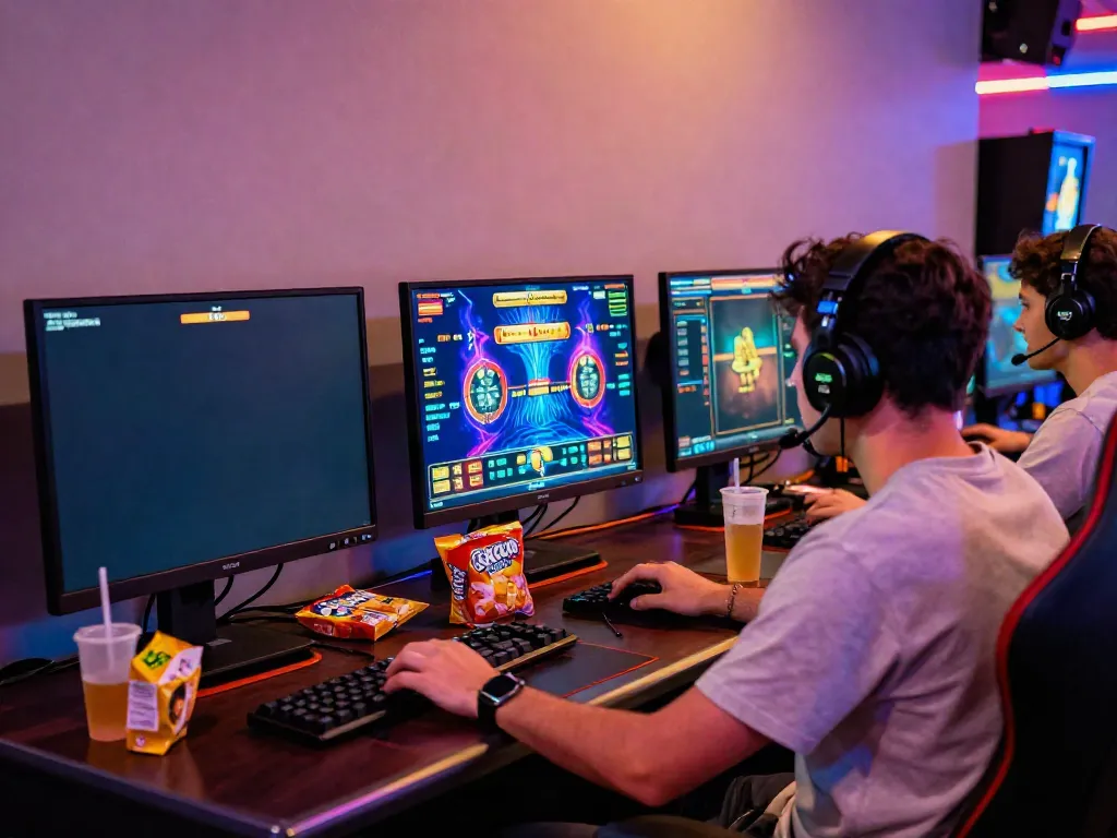 Player engaging with a link gacor game at home, surrounded by vibrant gaming setup and colorful lights.