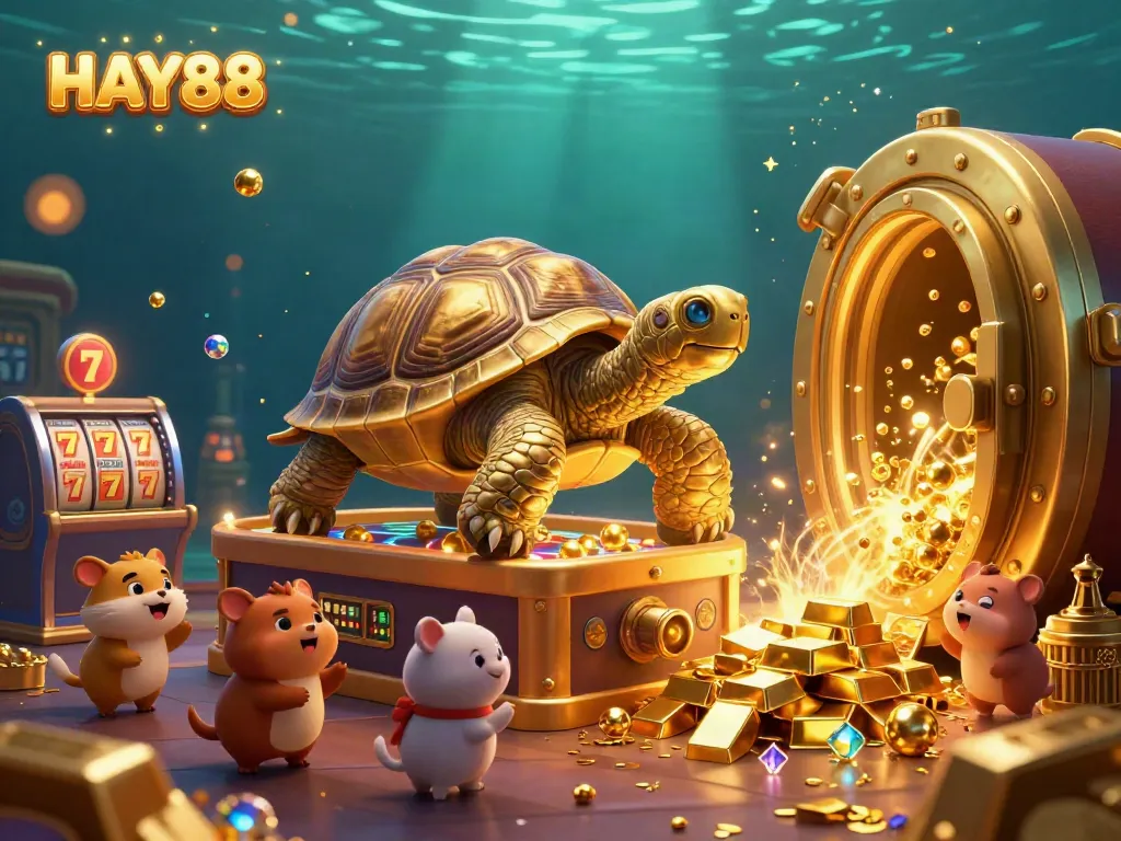 Engage with HAY88's vibrant slot machine scene featuring a playful golden tortoise and gems.